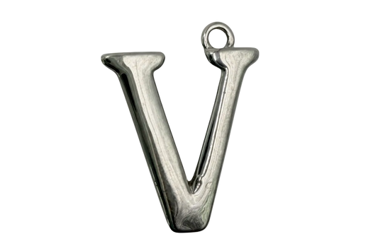 Polished silver letter V initial charm with a high-shine finish
