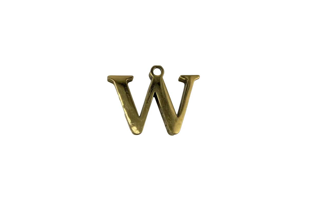 Polished gold letter W initial charm with subtle antiqued finish
