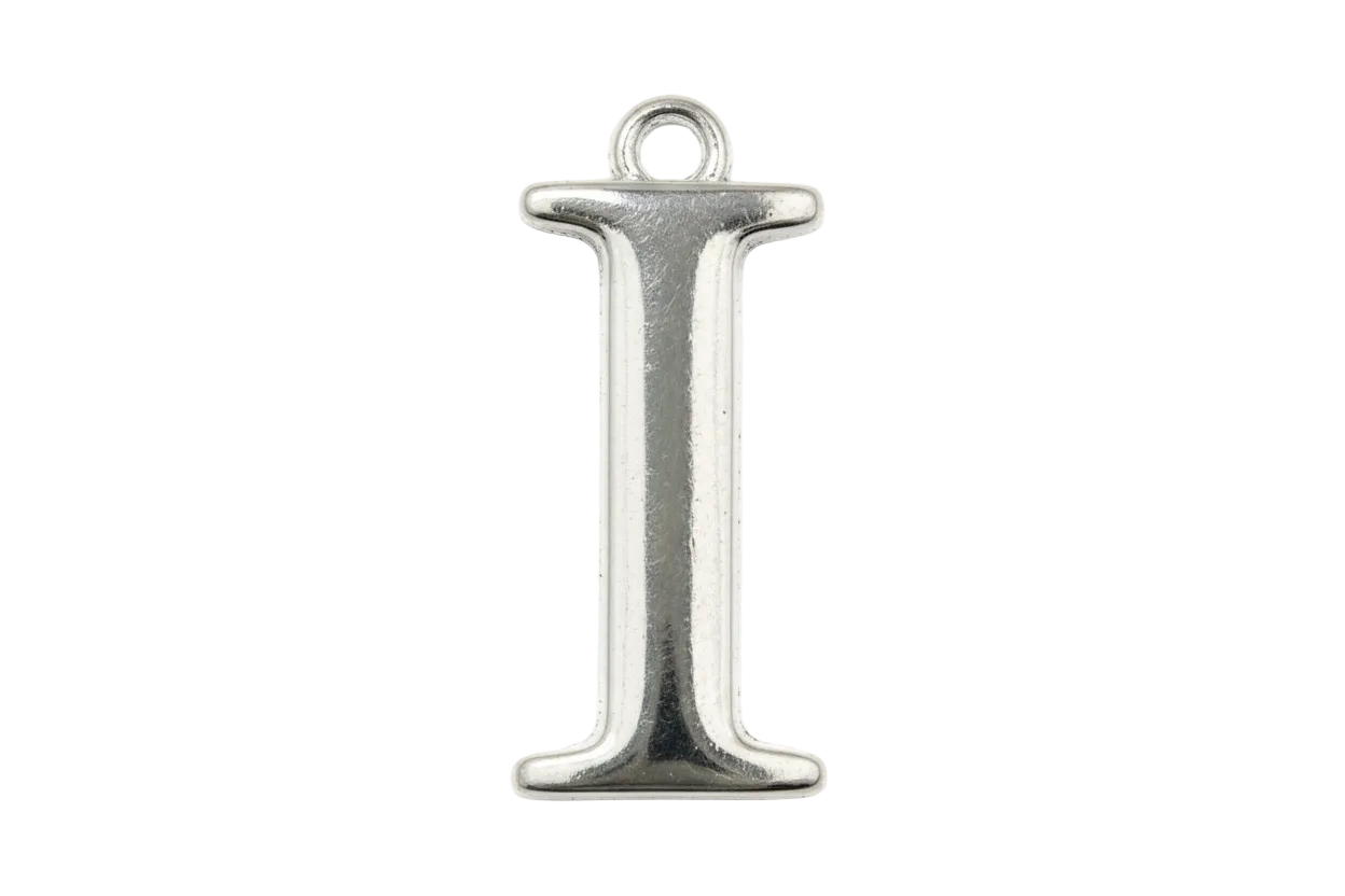 Polished silver serif letter I pendant with glossy reflective finish