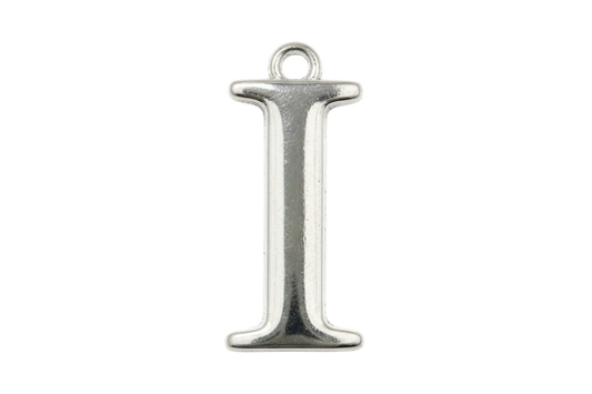 Polished silver serif letter I pendant with glossy reflective finish