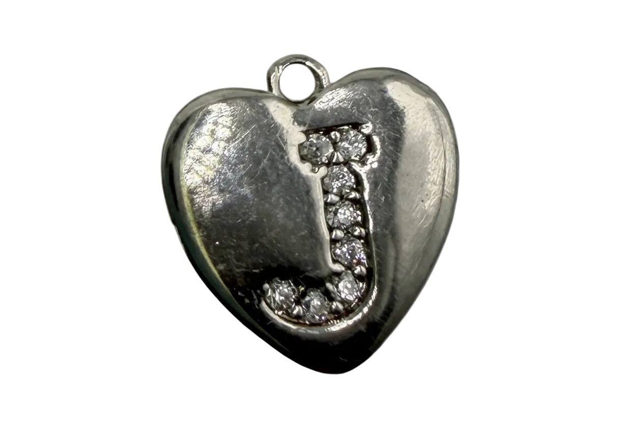 Polished silver heart with pavé J initial in clear crystals