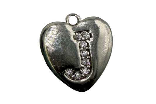 Polished silver heart with pavé J initial in clear crystals