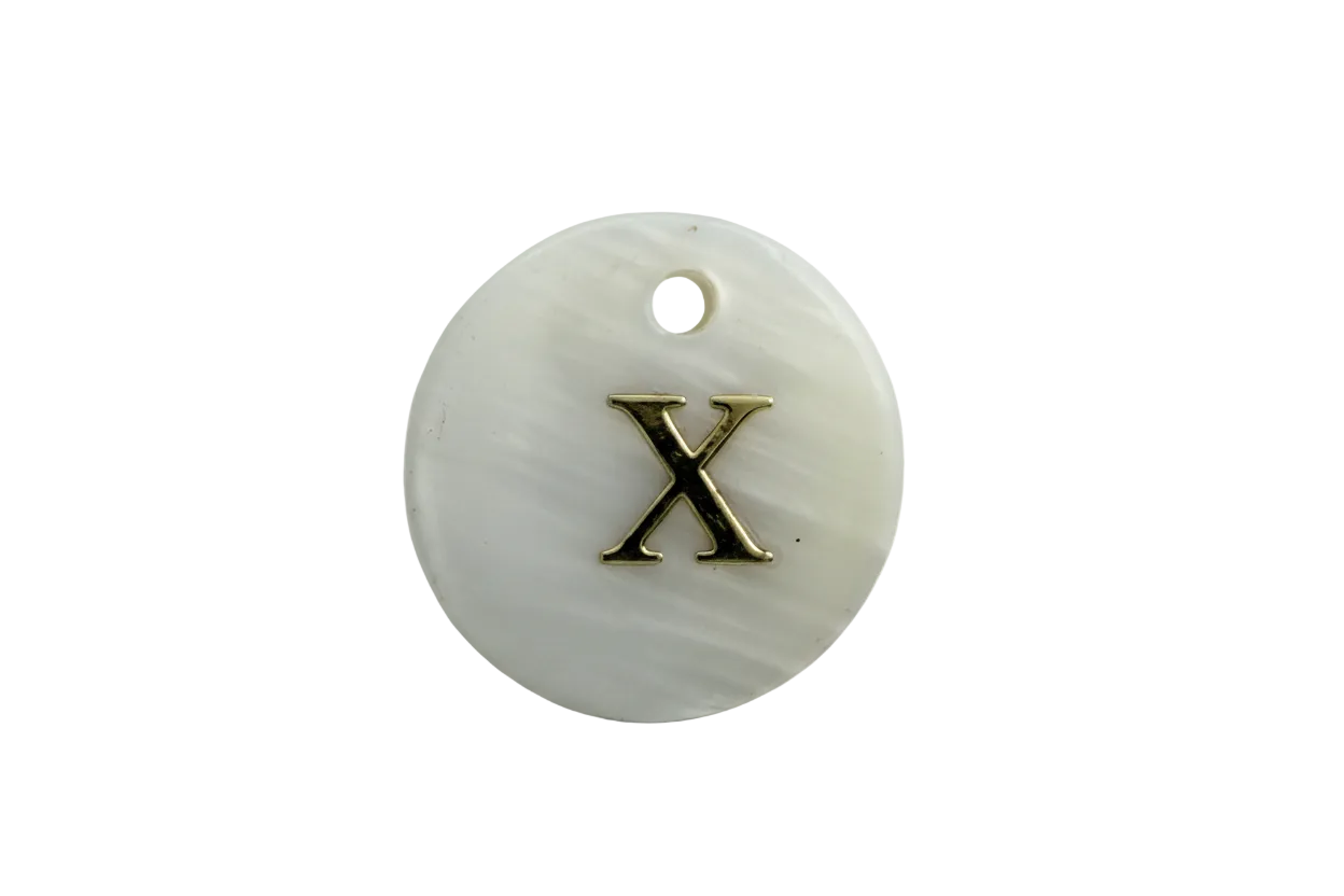 White round disc with polished gold letter X monogram