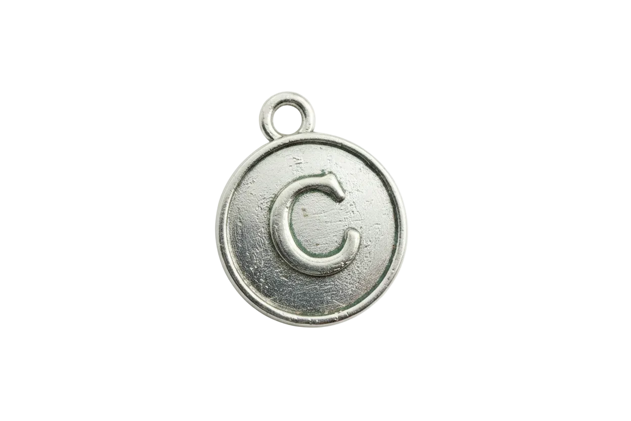 Round silver-finish coin charm with raised letter C and lightly antiqued texture