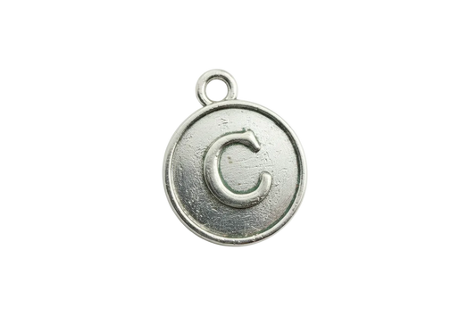 Round silver-finish coin charm with raised letter C and lightly antiqued texture
