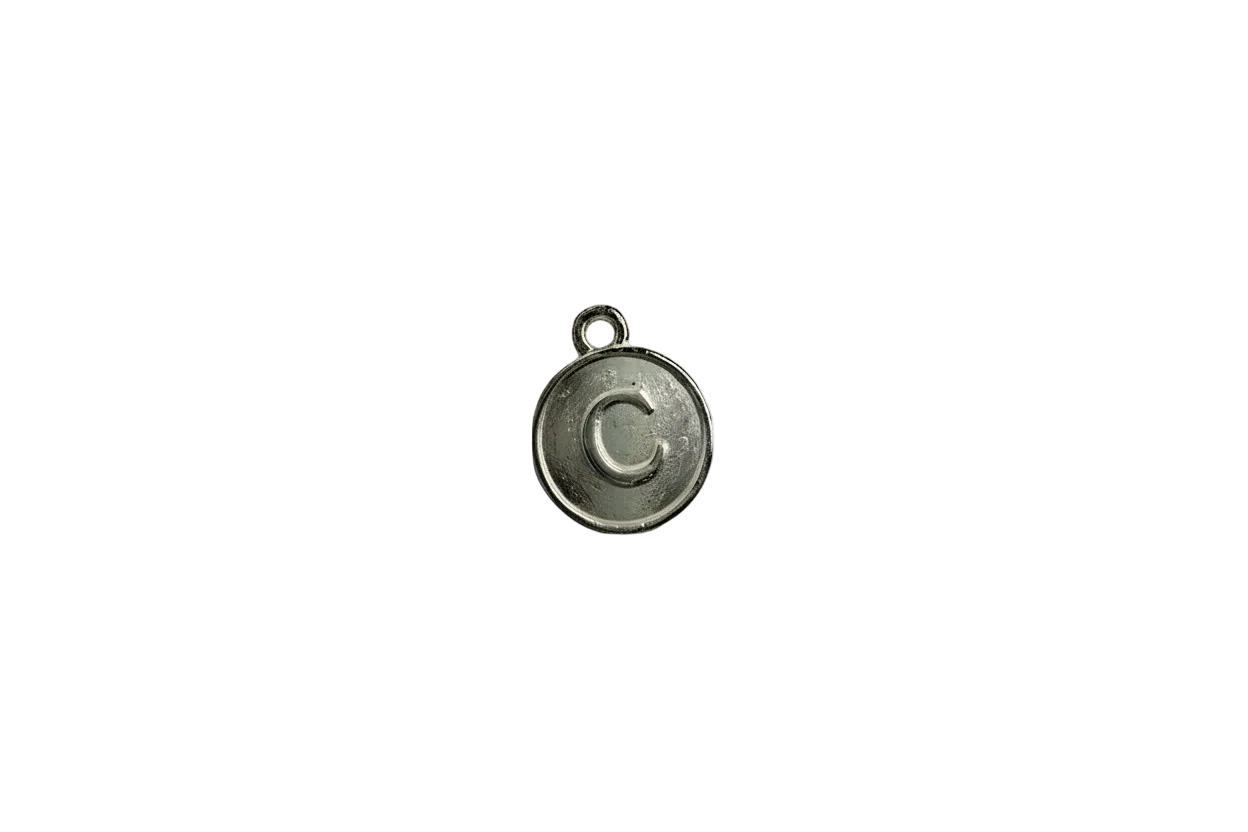 Silver-finish round coin with raised letter C