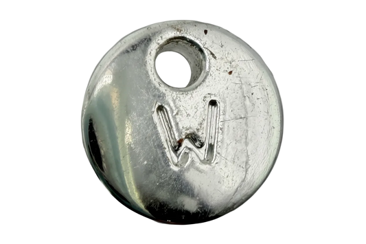 Polished silver-tone round disc with engraved letter W and top hole