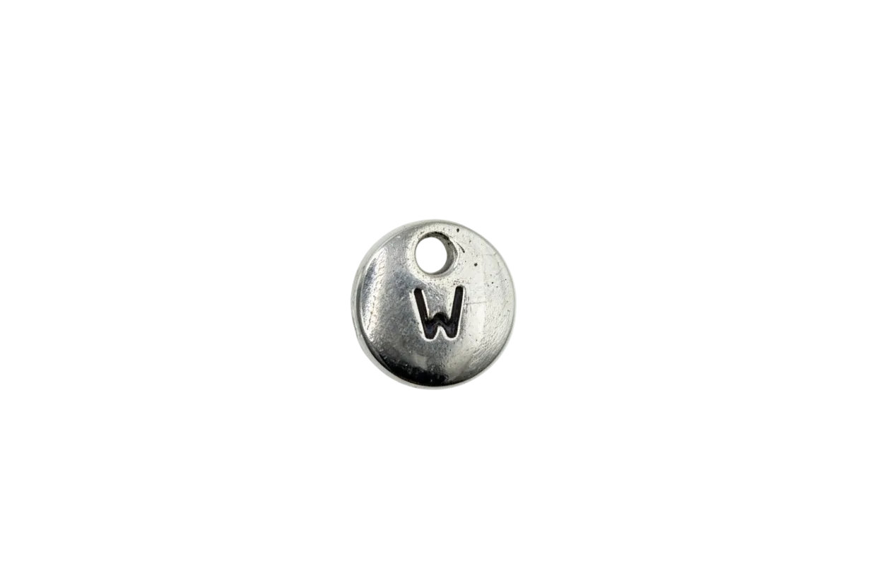 Polished silver round disc with engraved letter W