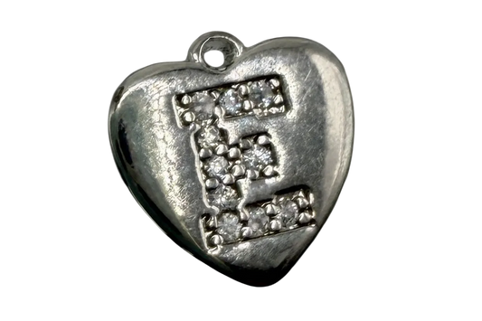 Polished silver heart with pavé initial E in clear stones