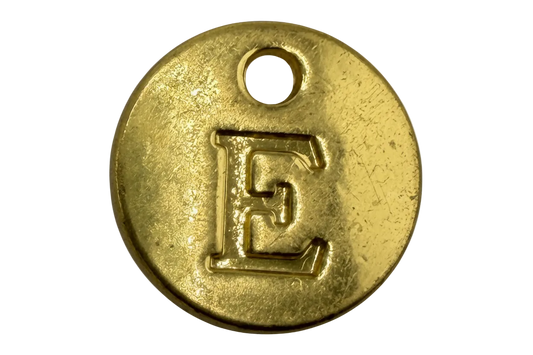 Textured gold round coin charm with raised letter E
