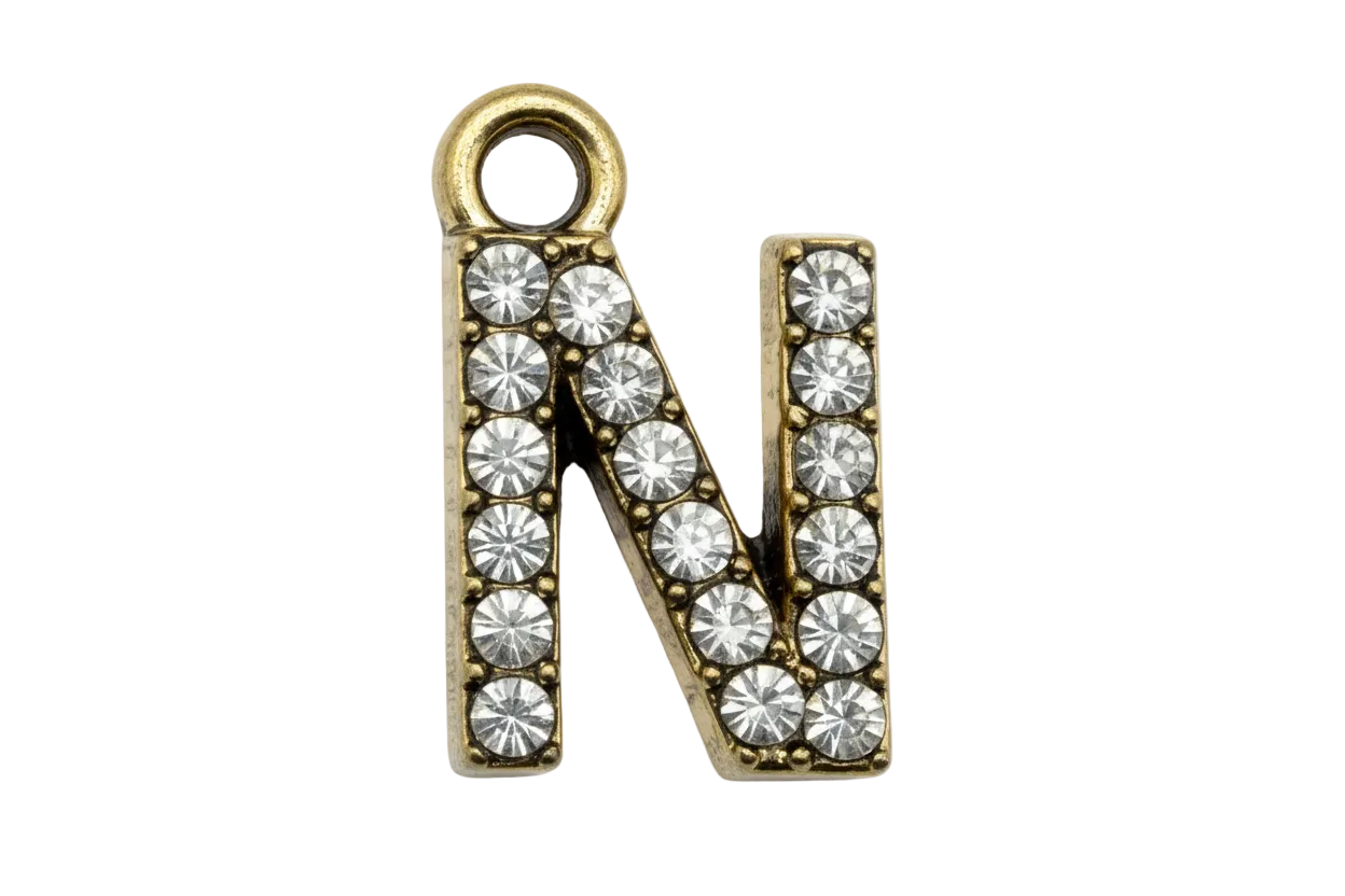 Gold letter N initial with pavé clear crystals