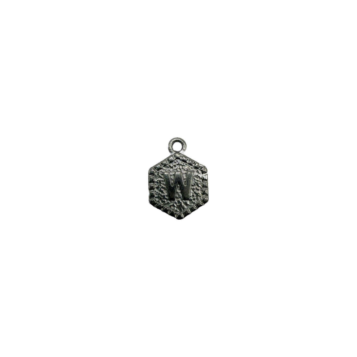 Oxidized silver hexagon tag with letter W