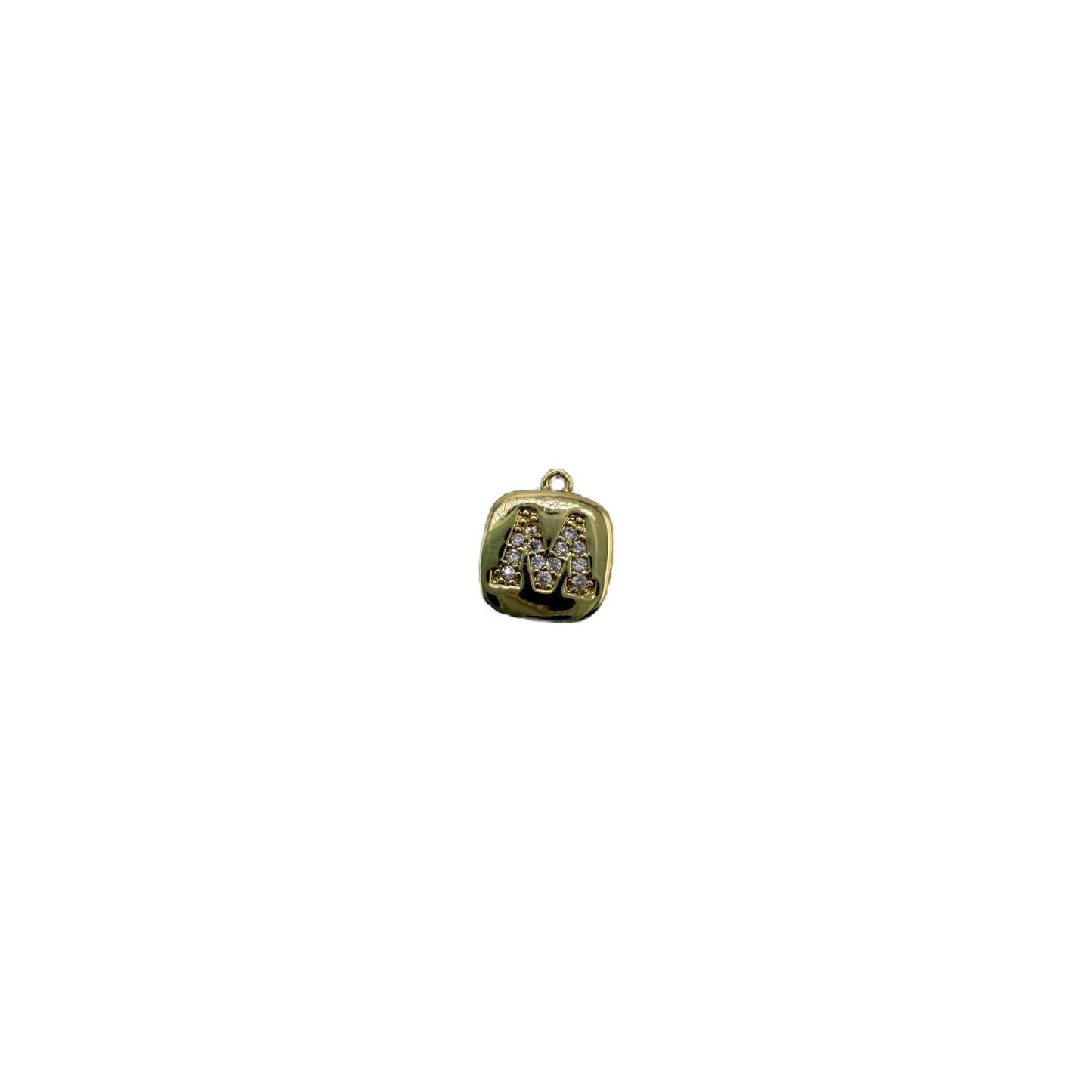 Gold initial tile with pavé letter M and clear gems
