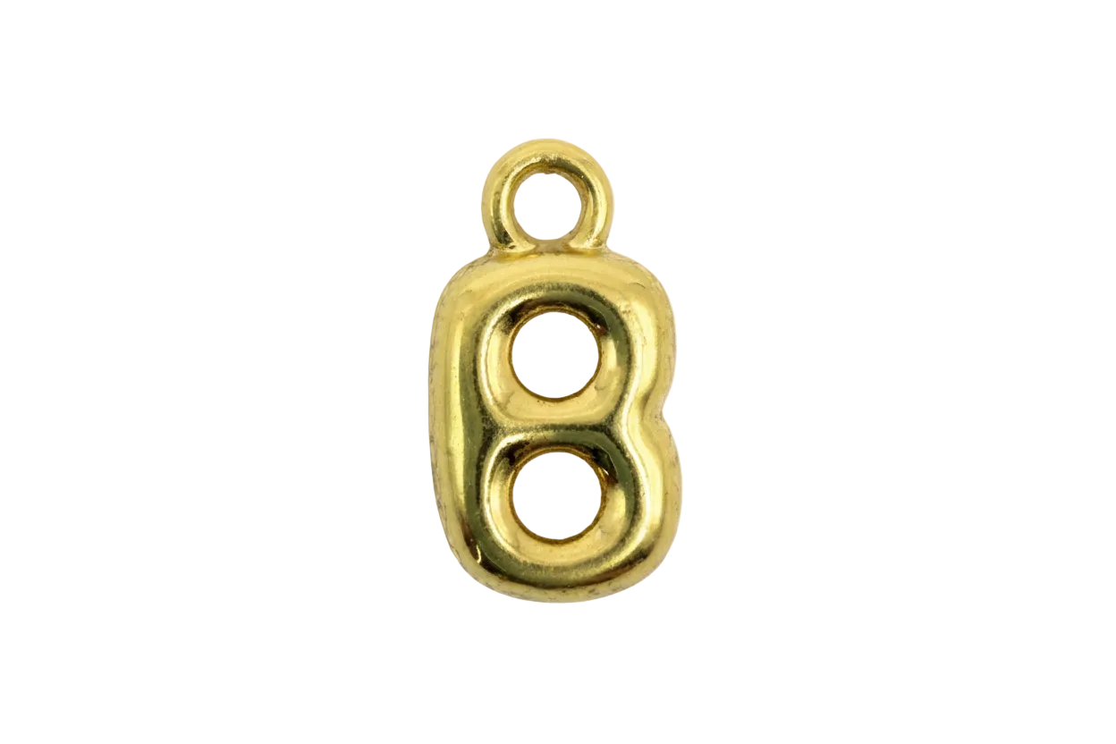 Polished gold number 8 charm with rounded silhouette and recessed circular details