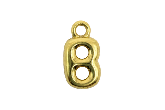 Polished gold number 8 charm with rounded silhouette and recessed circular details