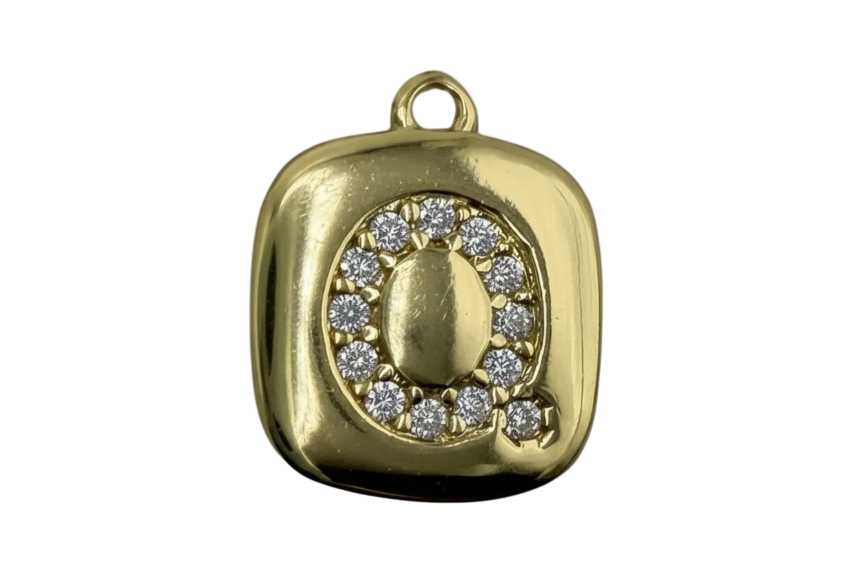 Gold cushion-square initial Q tile with clear pavé crystals