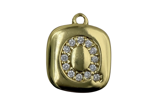 Gold cushion-square initial Q tile with clear pavé crystals