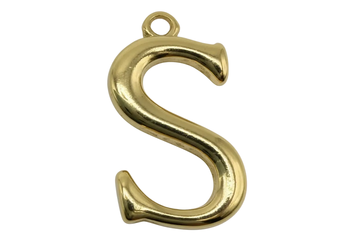 Polished gold letter S charm with a smooth rounded silhouette