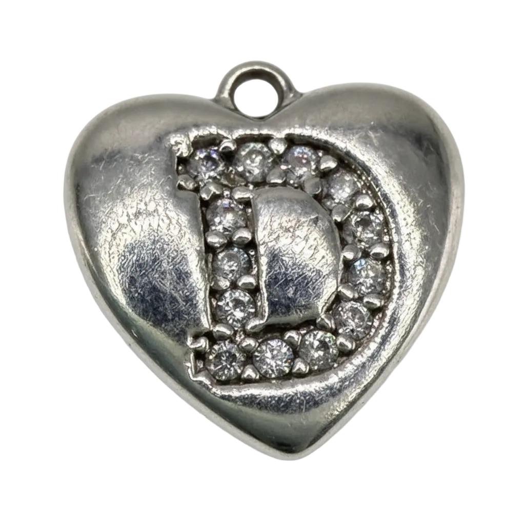 Polished silver heart with pavé initial D in clear crystals