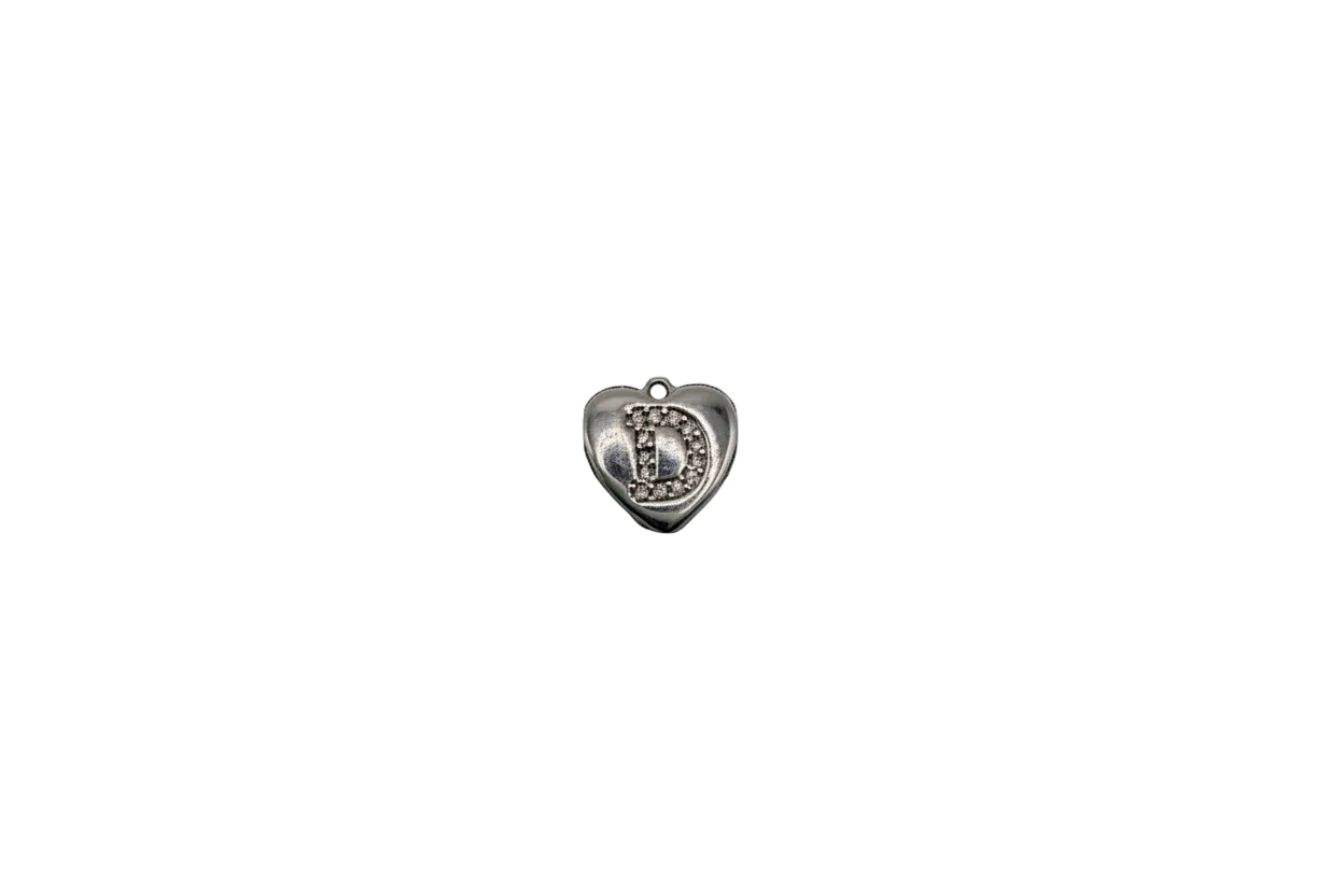 Silver heart with pavé initial D and clear crystals