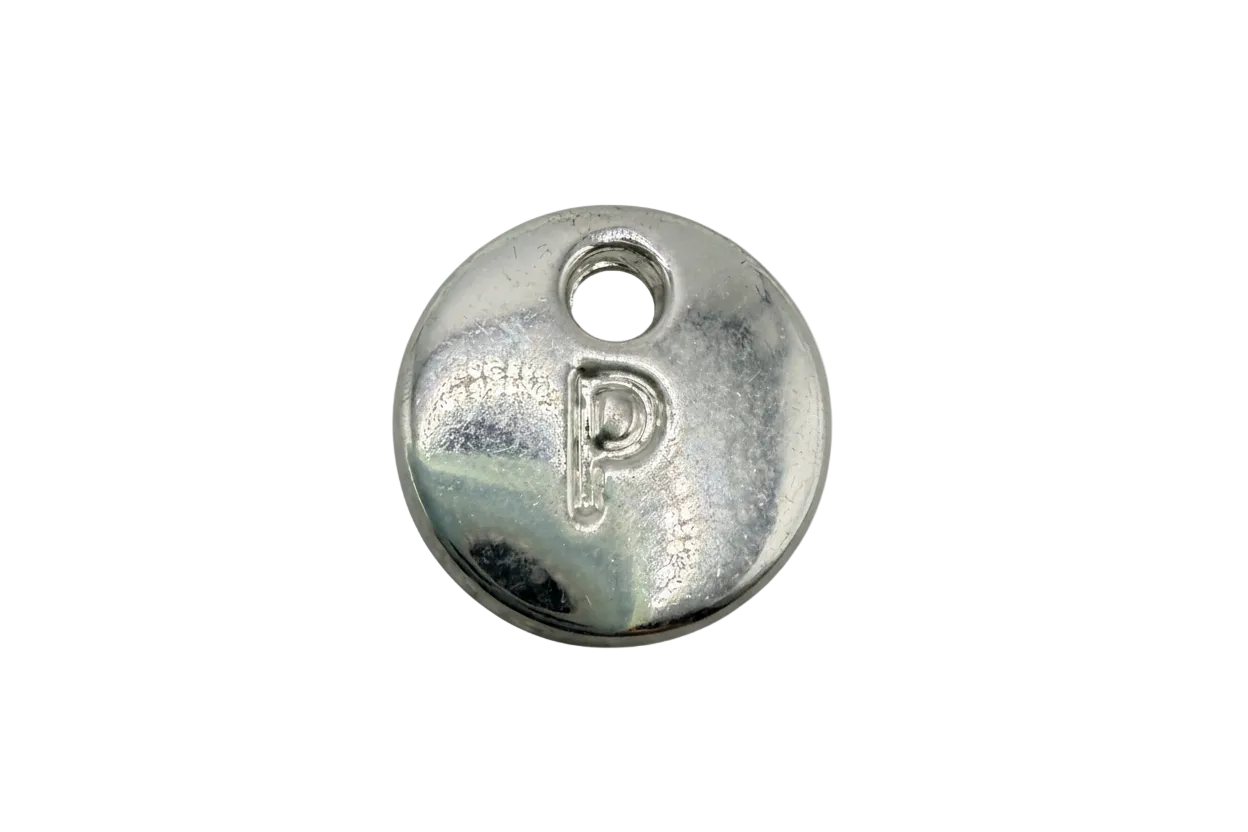Polished silver oval tag with raised letter P