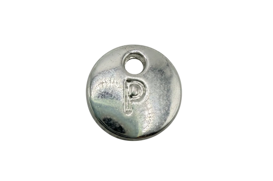 Polished silver oval tag with raised letter P