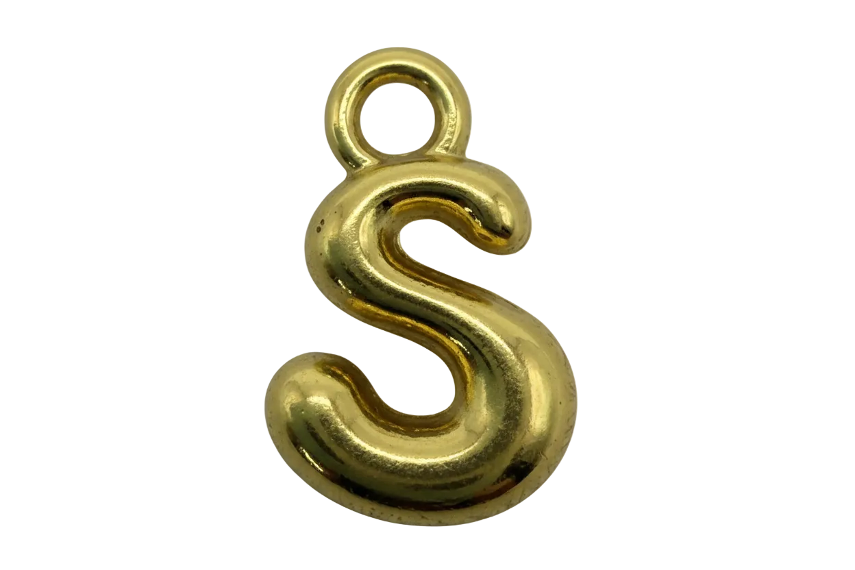 Polished gold letter S initial charm with smooth sculptural curves