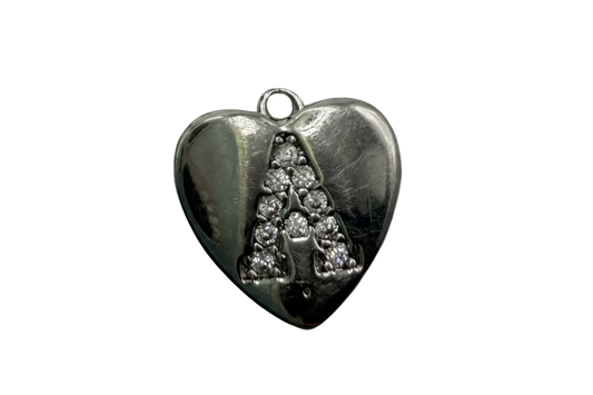 Polished silver heart charm with triangular cluster of clear crystals