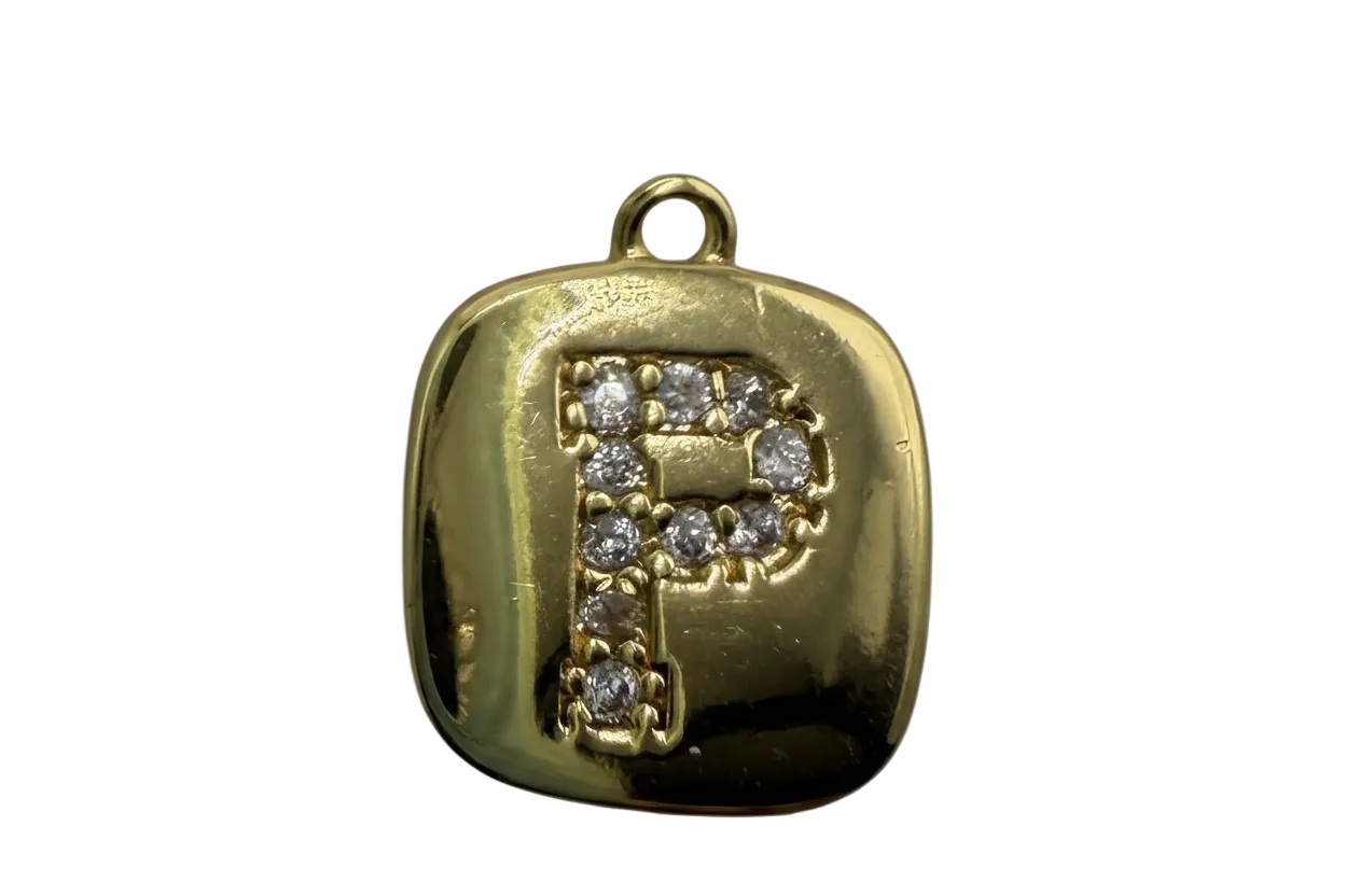Gold pillow plaque charm with pav e9 letter F in clear crystals