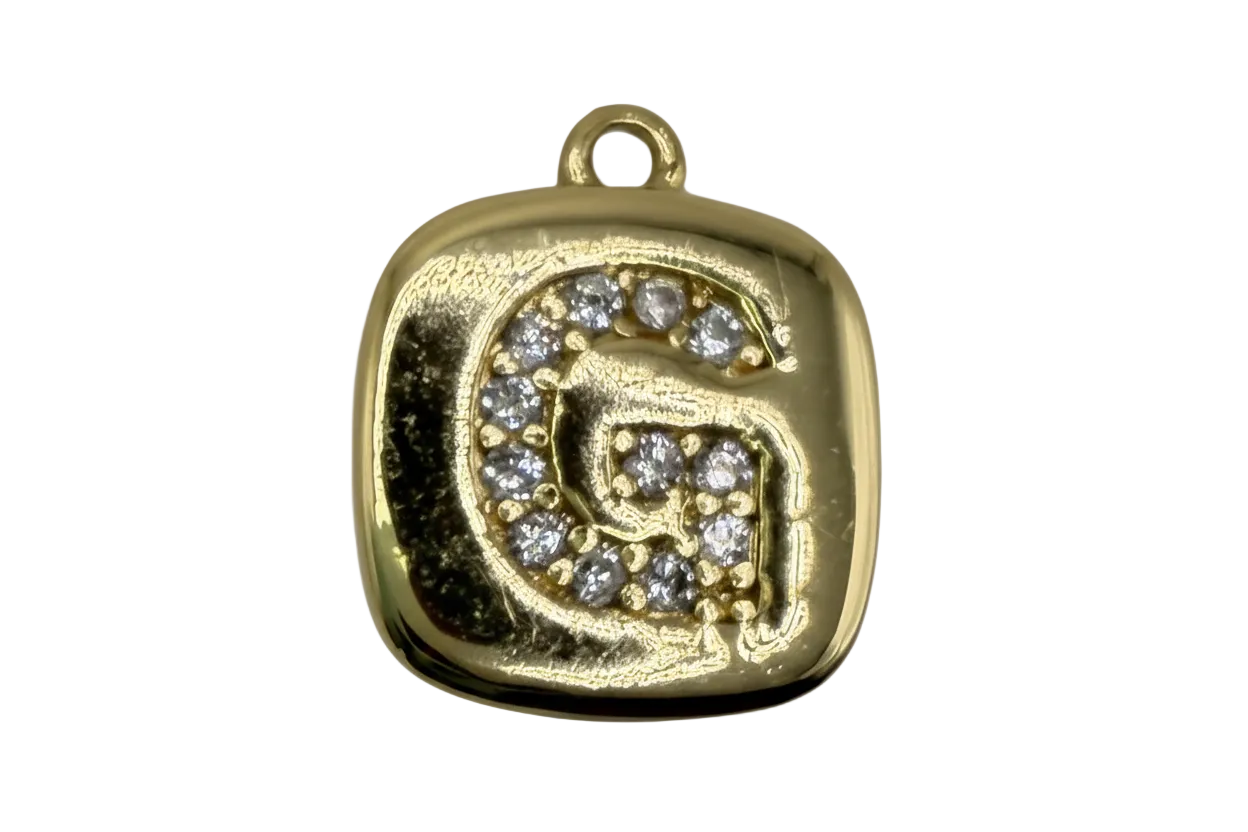 Gold padlock charm with pavé initial G in clear crystals