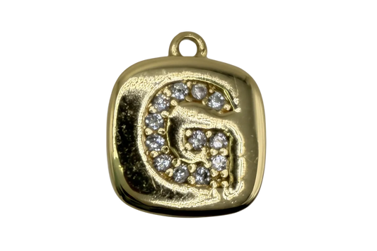 Gold padlock charm with pavé initial G in clear crystals