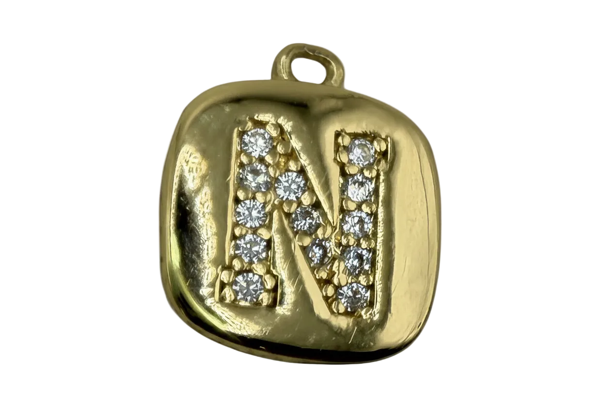 Gold rounded-square initial N tile with pavé clear crystals