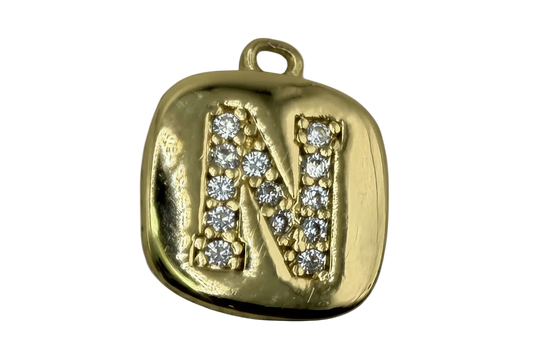 Gold rounded-square initial N tile with pavé clear crystals