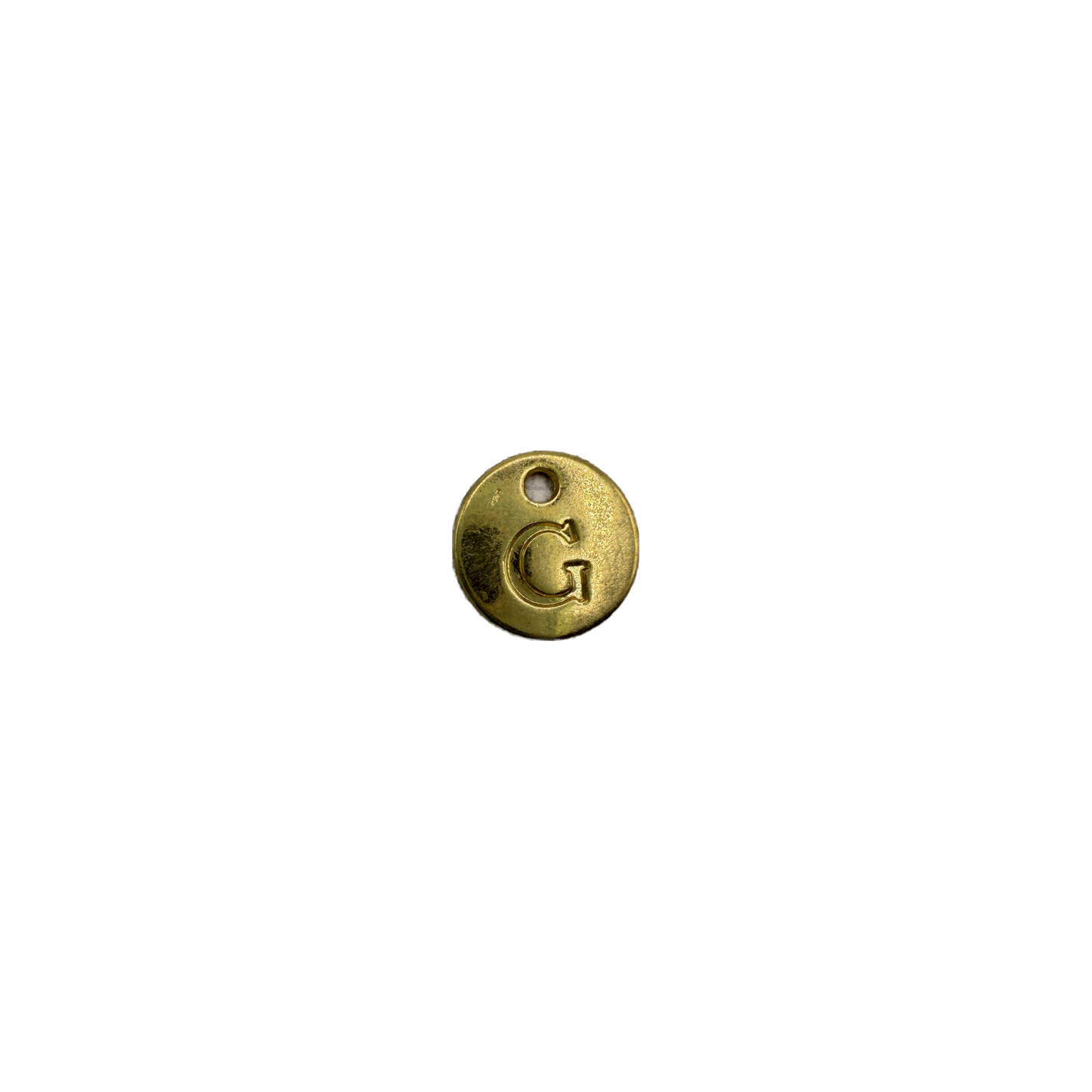 Gold initial G coin disc with white gem