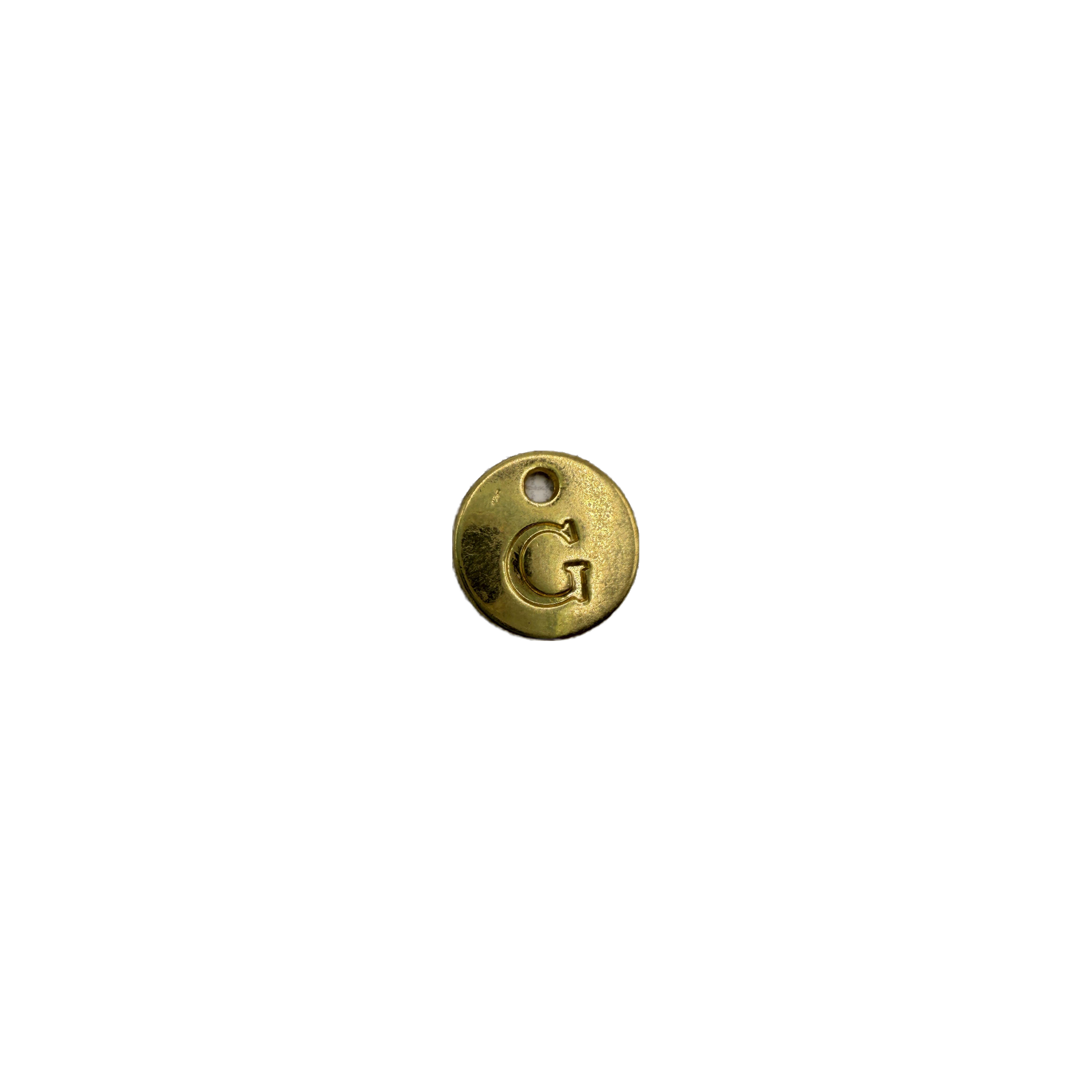 Gold initial G coin disc with white gem