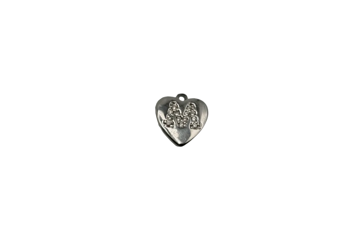Polished silver heart charm with raised MA monogram
