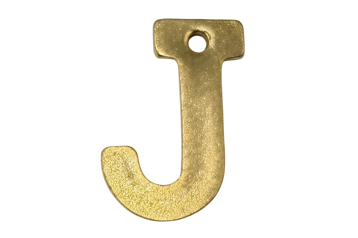 Textured gold letter J with rounded edges and a small top hole