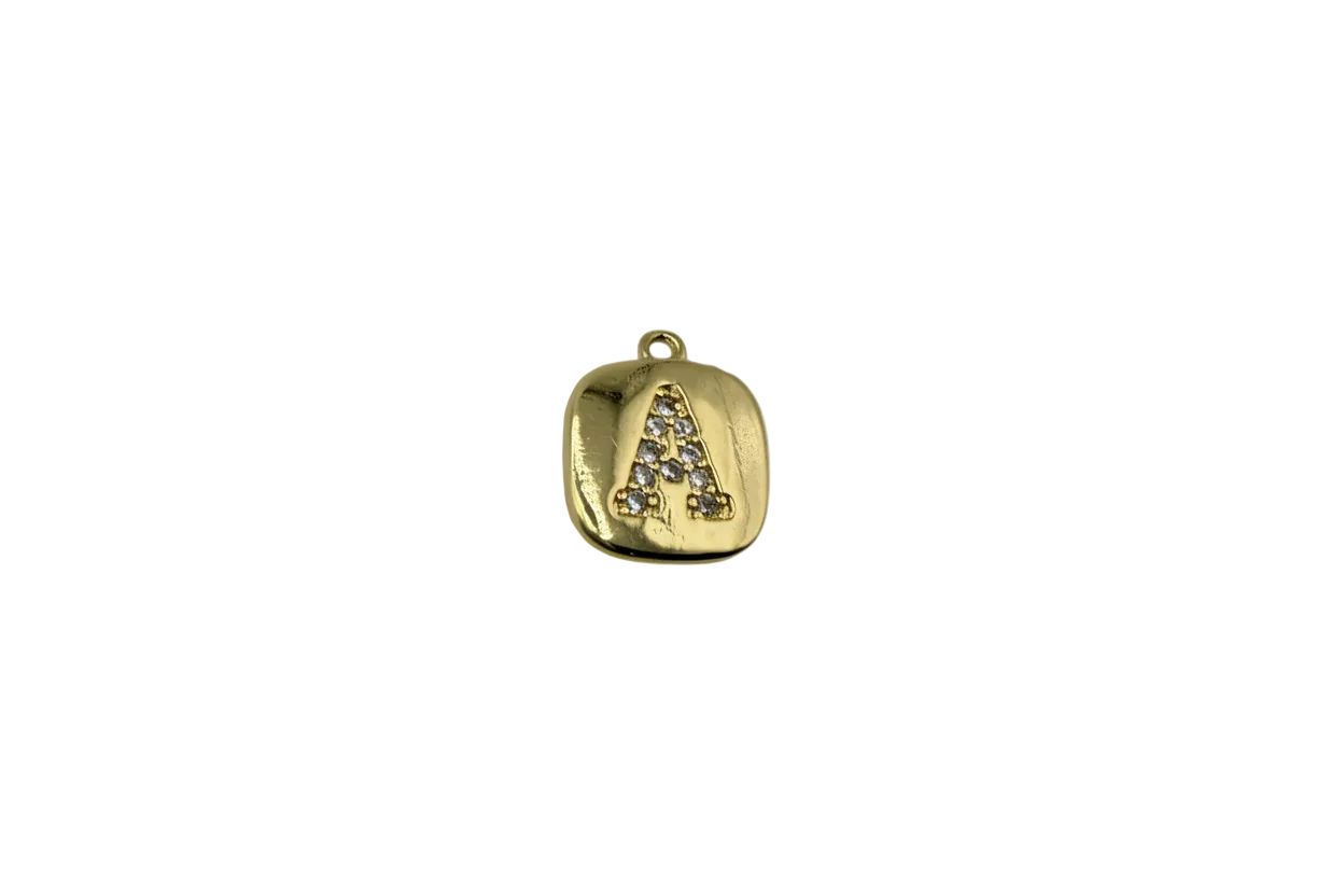Gold puffy rounded-square initial A charm with clear pavé crystals