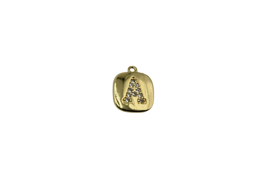 Gold puffy rounded-square initial A charm with clear pavé crystals