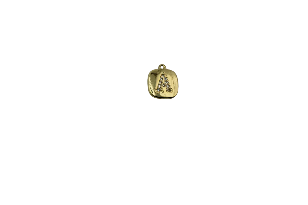 Gold puffy square initial A with clear pavé crystals