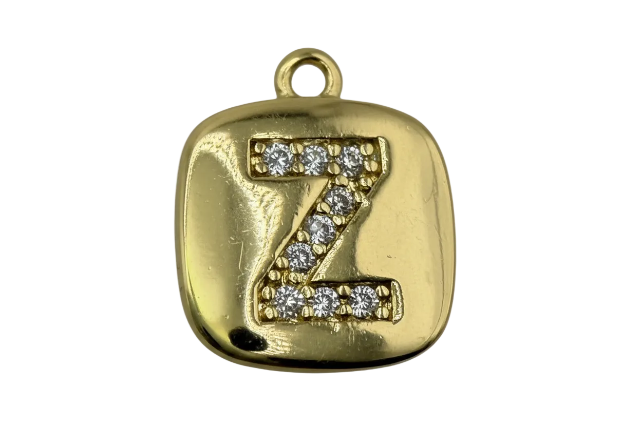 Gold rounded-square tile with pavé letter Z in clear crystals