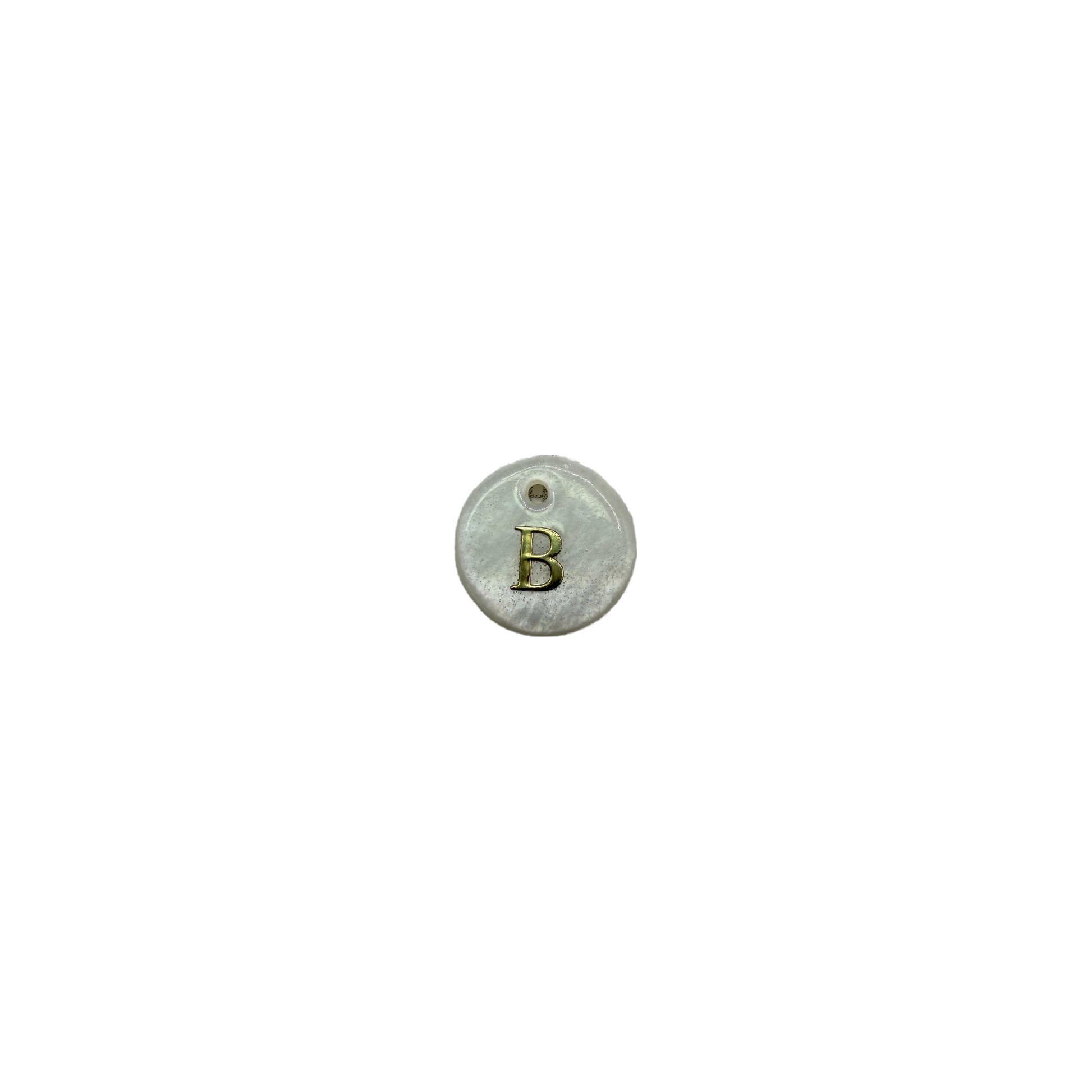 Pearlescent white disc with raised gold letter B