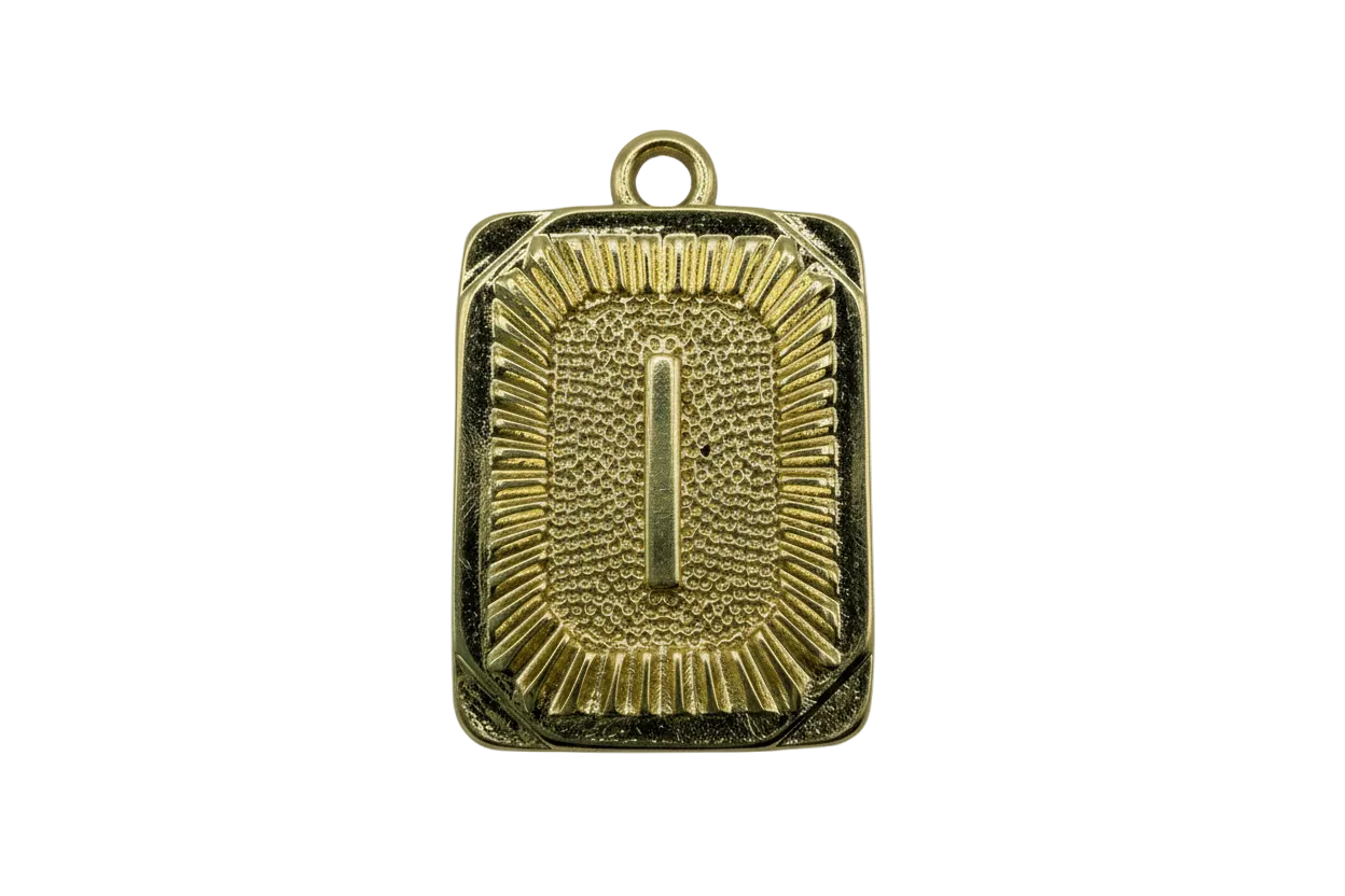 Gold-finish textured rectangle tag with raised center bar and ridged border