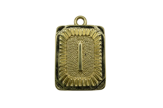 Gold-finish textured rectangle tag with raised center bar and ridged border