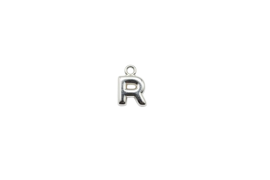 Polished silver block letter R initial with rounded edges on black background