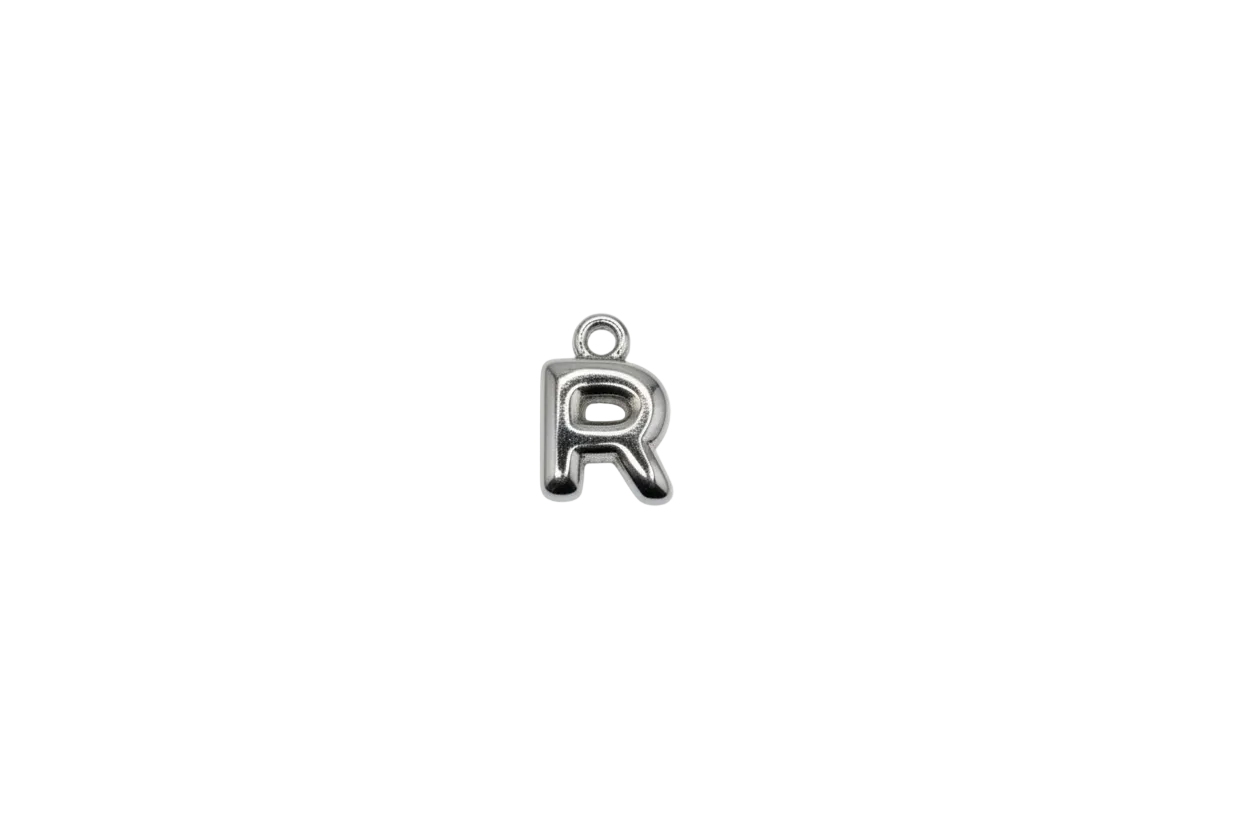 Silver block letter R initial with rounded edges