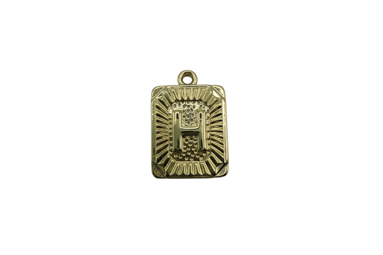 Gold rectangular initial tag with raised letter H