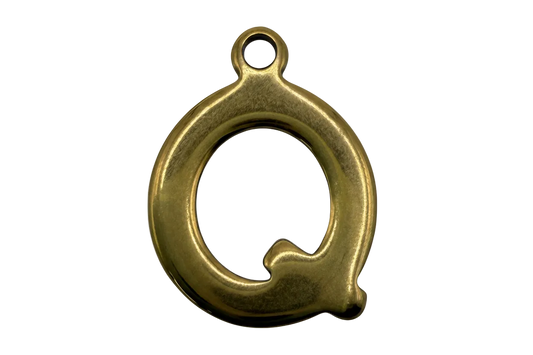 Polished gold initial Q with a rounded, sculpted profile