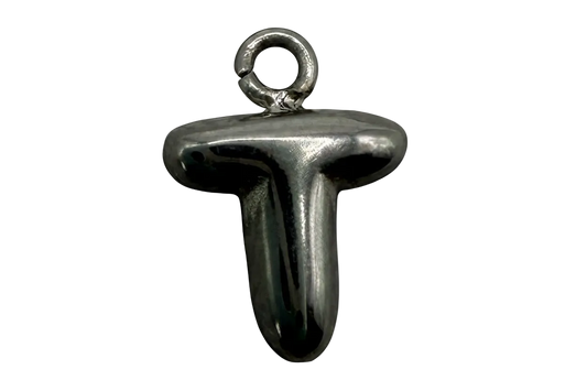 Polished silver letter T charm with rounded edges