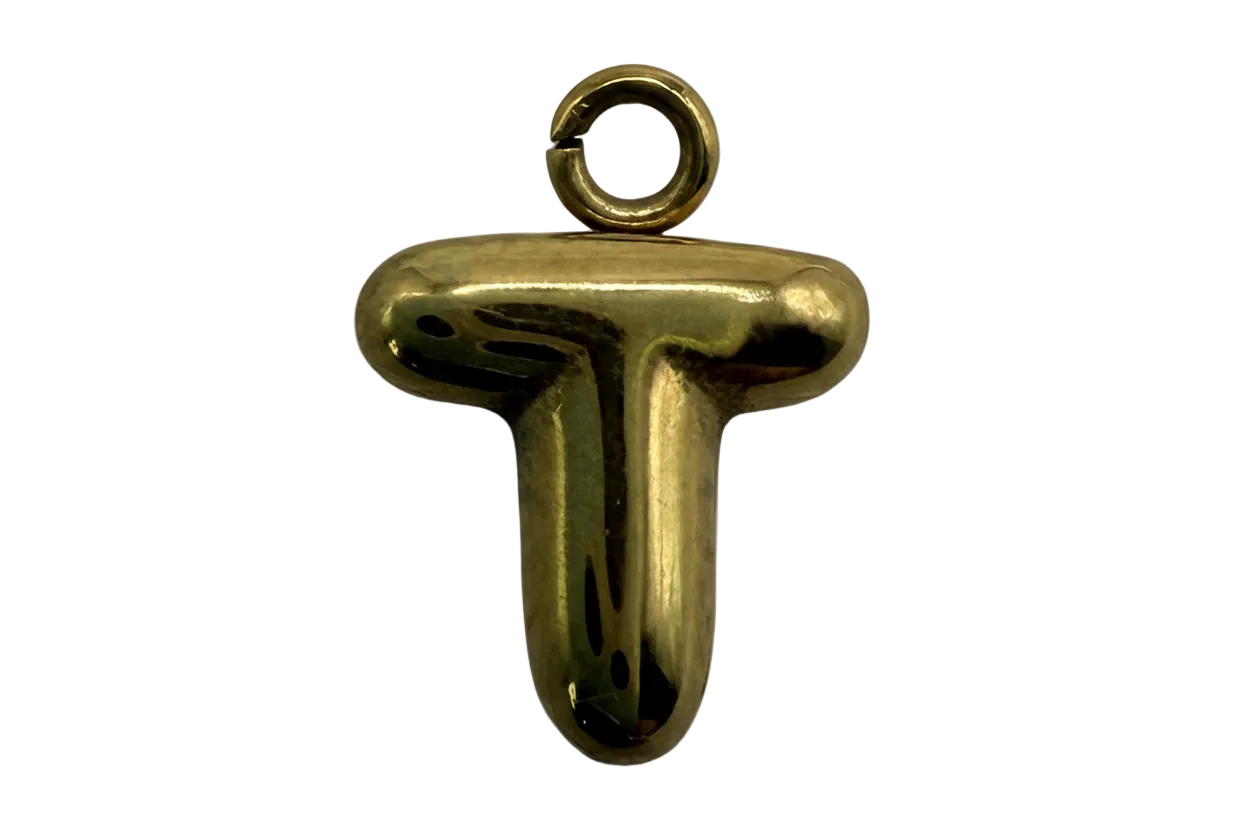 Polished gold letter T initial with rounded, sculptural profile